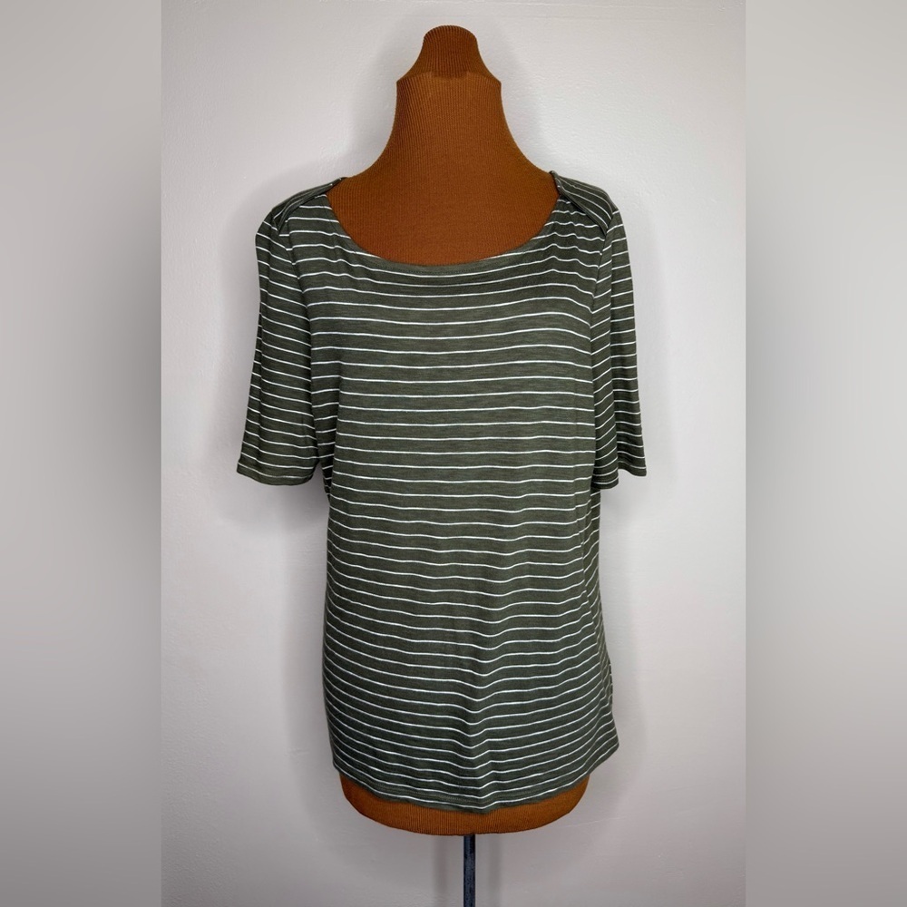 Talbots Green Stripe Soft Cotton Modal Pleated Bow Grommet Back Size Large